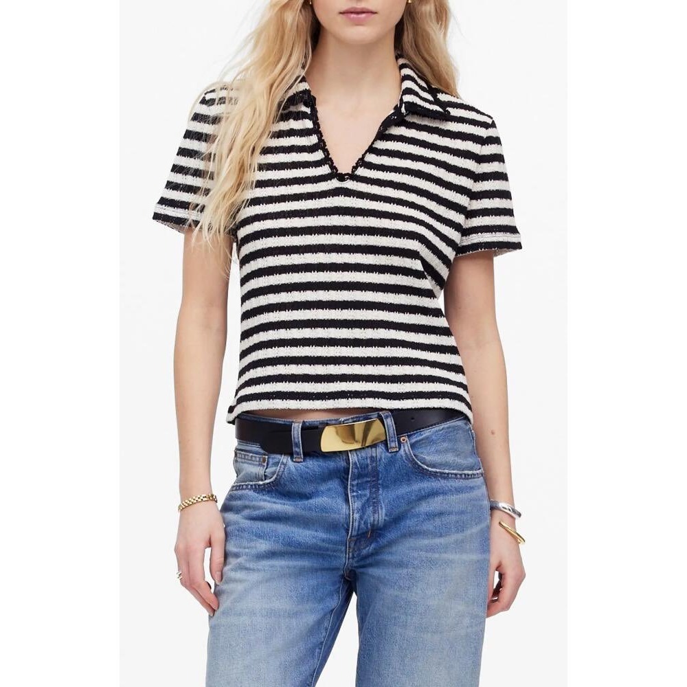 Madewell Crochet Knit V Neck Sweater Tee Black White Striped Polo Small NU857